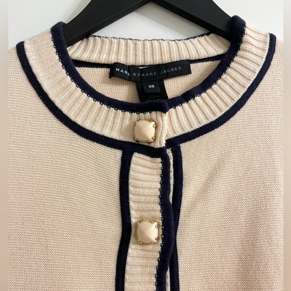 Marc by Marc Jacobs Cream Blue Jewelled Knit Cardigan Sweater Top XS - Picture 2 of 4